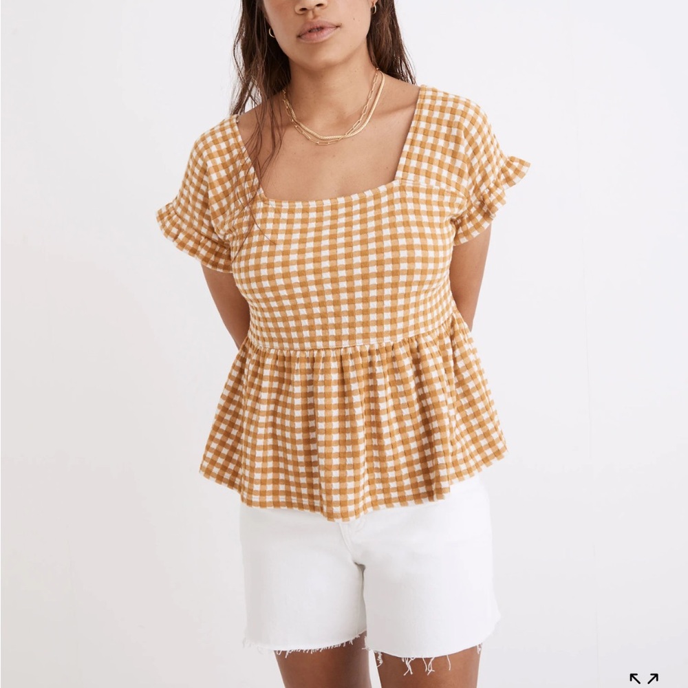 Madewell Gingham Knit Ruffle-Hem Square Neck Top